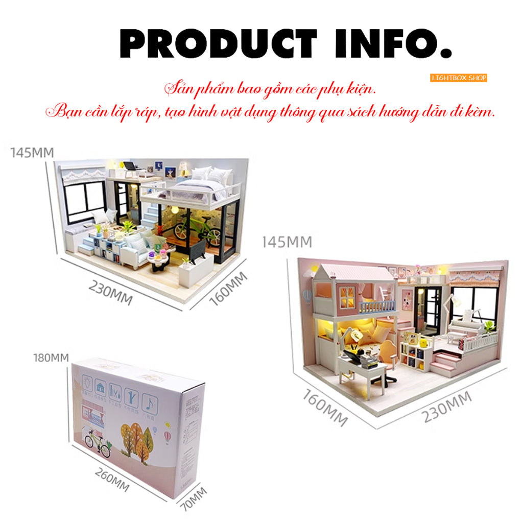Mô hình nhà búp bê bằng gỗ DIY MY ROOM. Tặng DỤNG CỤ, CHE BỤI và 2 BÌNH KEO DÁN. Nhà gỗ tự làm có Nội Thật và Đèn Led