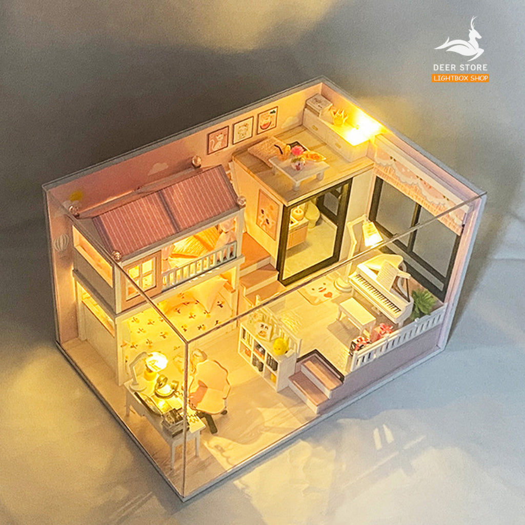 Mô hình nhà búp bê bằng gỗ DIY MY ROOM. Tặng DỤNG CỤ, CHE BỤI và 2 BÌNH KEO DÁN. Nhà gỗ tự làm có Nội Thật và Đèn Led
