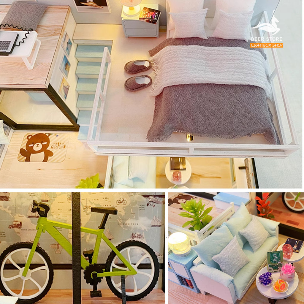 Mô hình nhà búp bê bằng gỗ DIY MY ROOM. Tặng DỤNG CỤ, CHE BỤI và 2 BÌNH KEO DÁN. Nhà gỗ tự làm có Nội Thật và Đèn Led