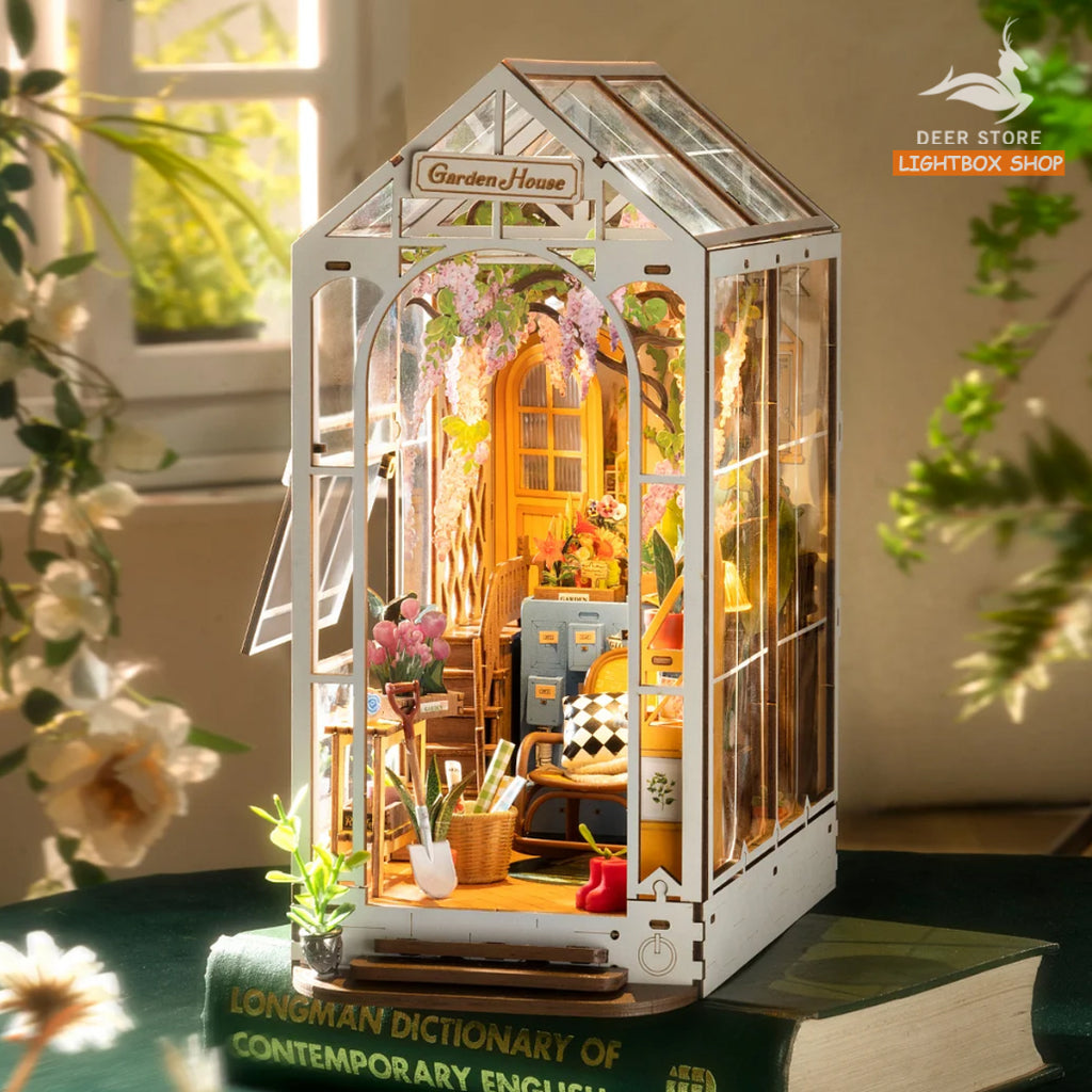[Bản tiếng Anh] Book Nook Robotime Rolife Holiday Garden House DIY Book Nook TGB06. Mô hình gỗ 3d Trang trí giá sách.