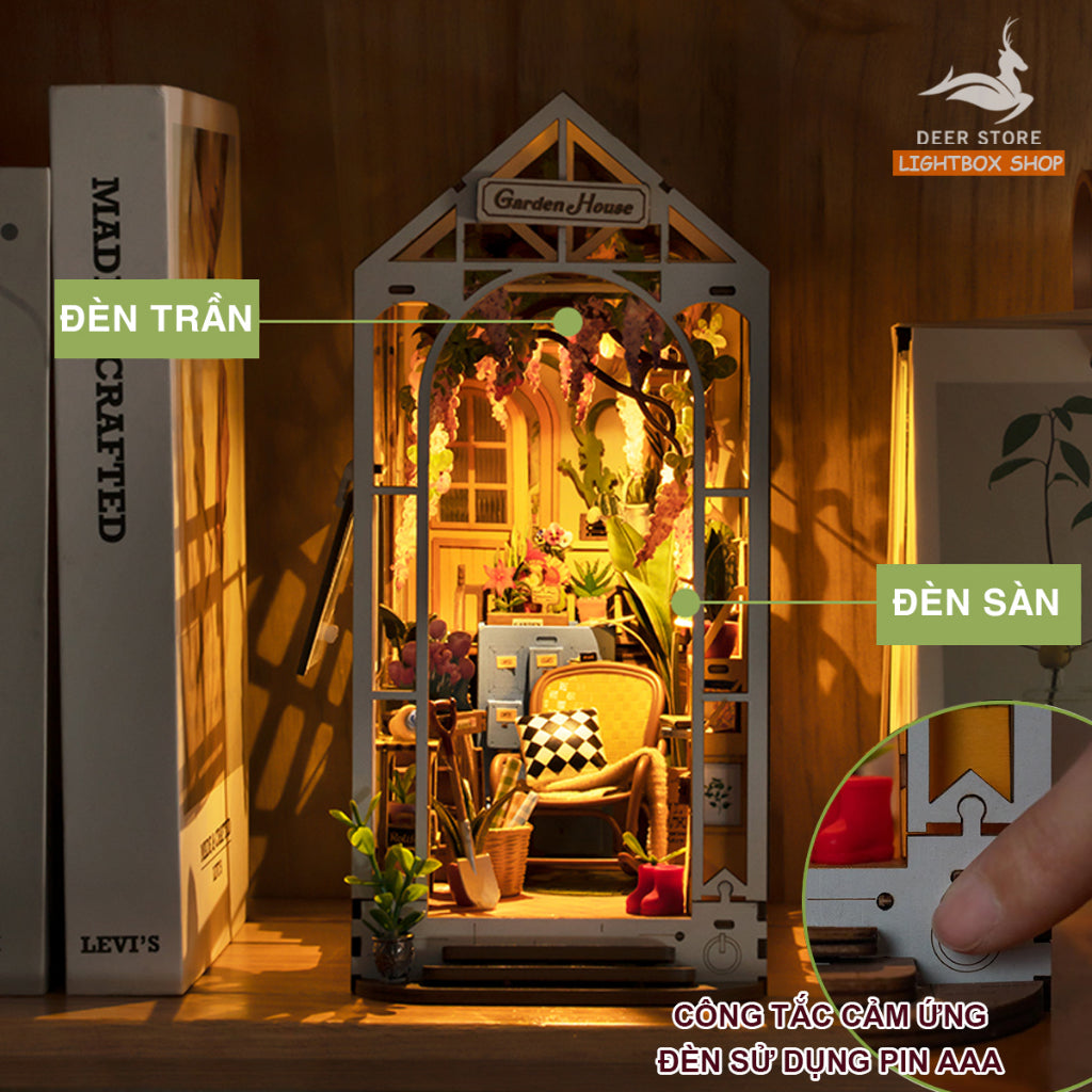 [Bản tiếng Anh] Book Nook Robotime Rolife Holiday Garden House DIY Book Nook TGB06. Mô hình gỗ 3d Trang trí giá sách.