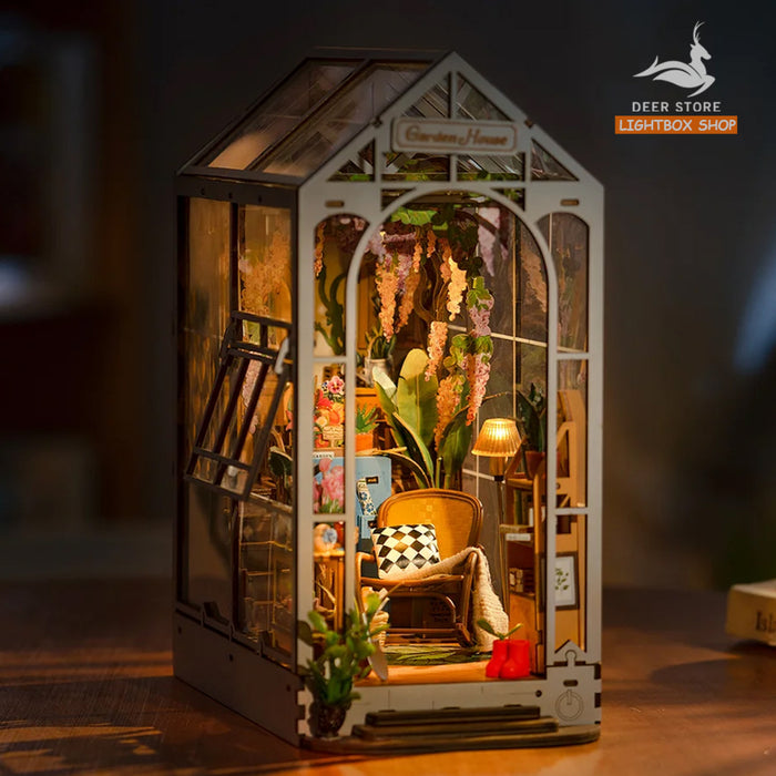 [Bản tiếng Anh] Book Nook Robotime Rolife Holiday Garden House DIY Book Nook TGB06. Mô hình gỗ 3d Trang trí giá sách.