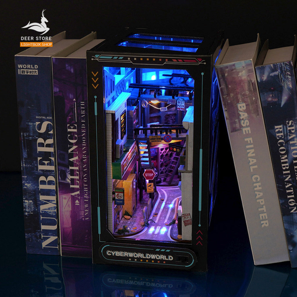 Mô hình Book nook trang trí giá sách chủ đề Thế giới CYBERPUNK. Mô hình gỗ 3d có đèn Led và Che bụi. Tặng keo dán TC36