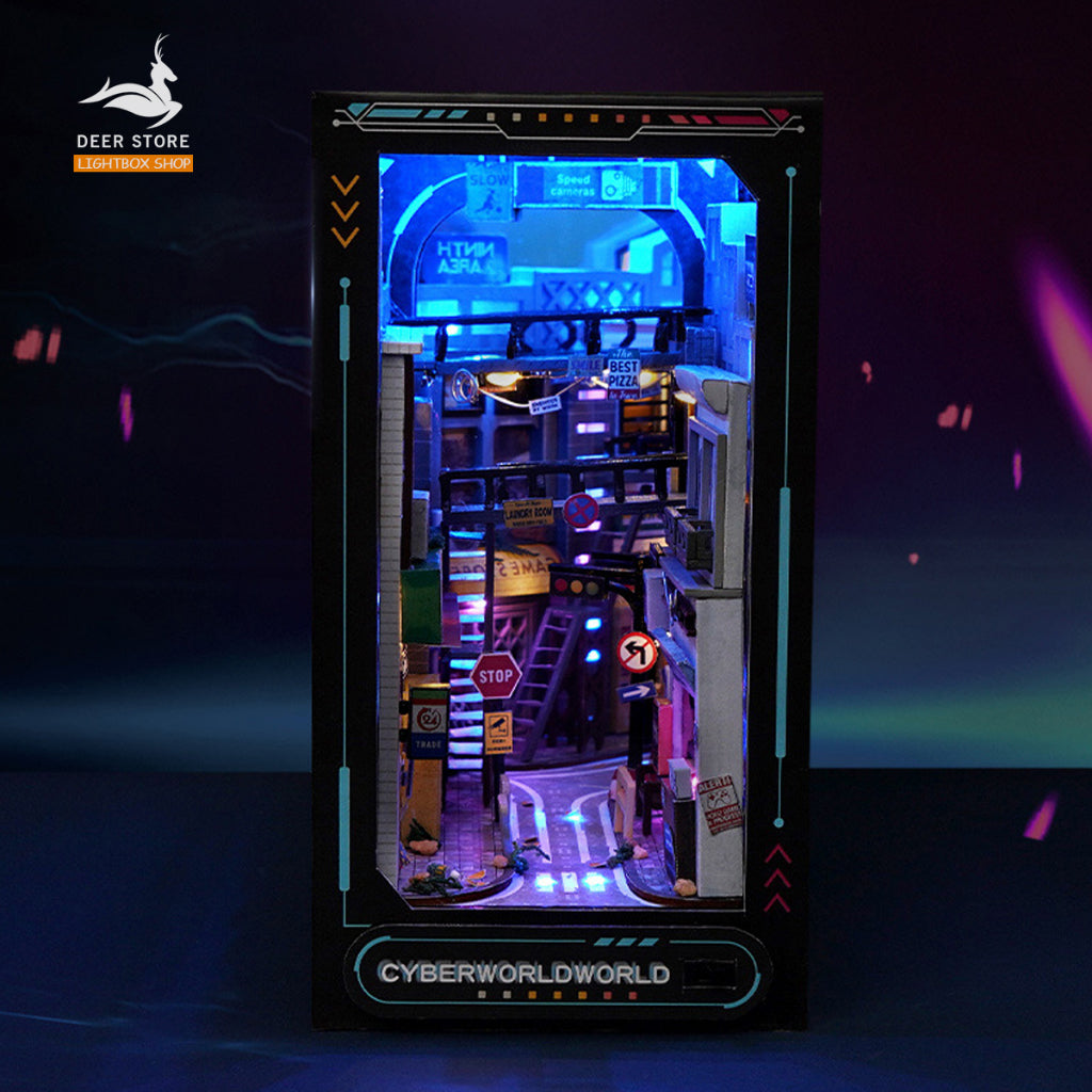 Mô hình Book nook trang trí giá sách chủ đề Thế giới CYBERPUNK. Mô hình gỗ 3d có đèn Led và Che bụi. Tặng keo dán TC36