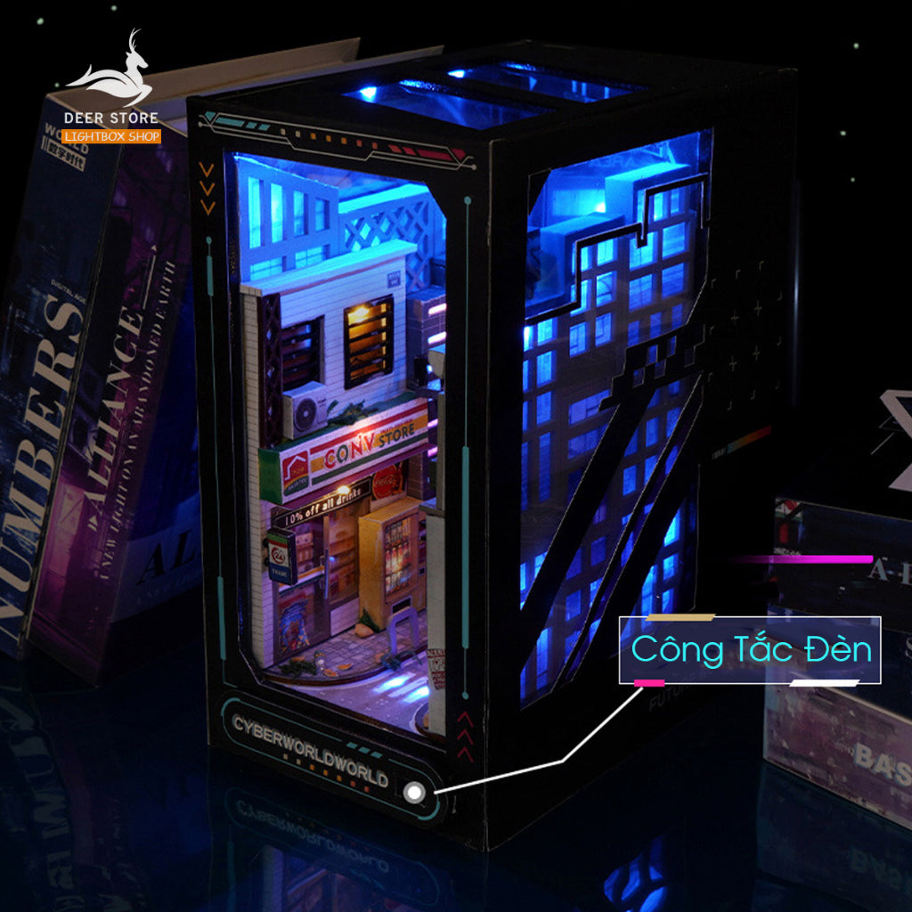 Mô hình Book nook trang trí giá sách chủ đề Thế giới CYBERPUNK. Mô hình gỗ 3d có đèn Led và Che bụi. Tặng keo dán TC36