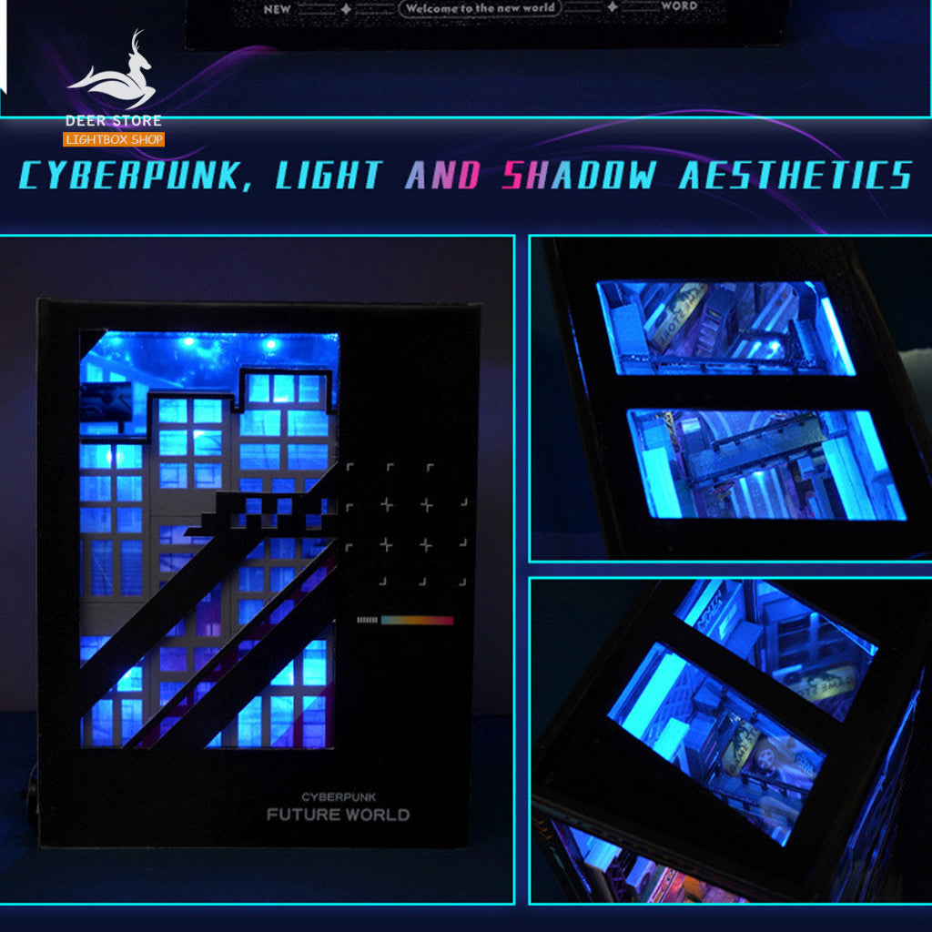 Mô hình Book nook trang trí giá sách chủ đề Thế giới CYBERPUNK. Mô hình gỗ 3d có đèn Led và Che bụi. Tặng keo dán TC36