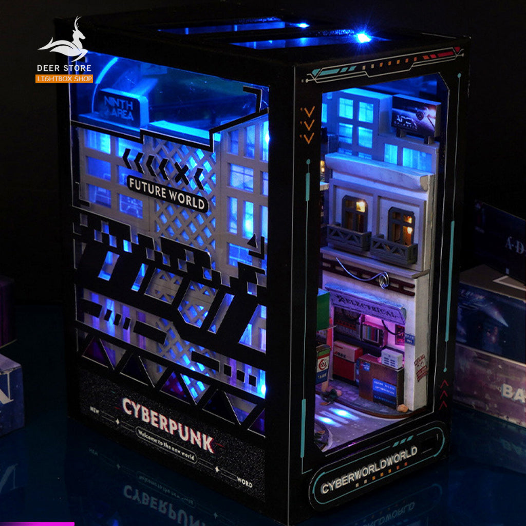 Mô hình Book nook trang trí giá sách chủ đề Thế giới CYBERPUNK. Mô hình gỗ 3d có đèn Led và Che bụi. Tặng keo dán TC36