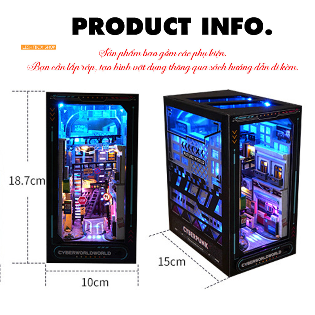 Mô hình Book nook trang trí giá sách chủ đề Thế giới CYBERPUNK. Mô hình gỗ 3d có đèn Led và Che bụi. Tặng keo dán TC36