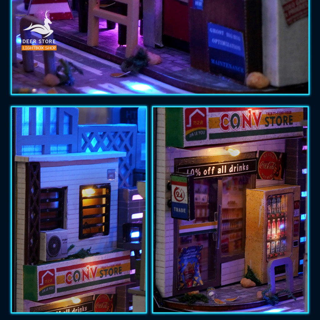 Mô hình Book nook trang trí giá sách chủ đề Thế giới CYBERPUNK. Mô hình gỗ 3d có đèn Led và Che bụi. Tặng keo dán TC36