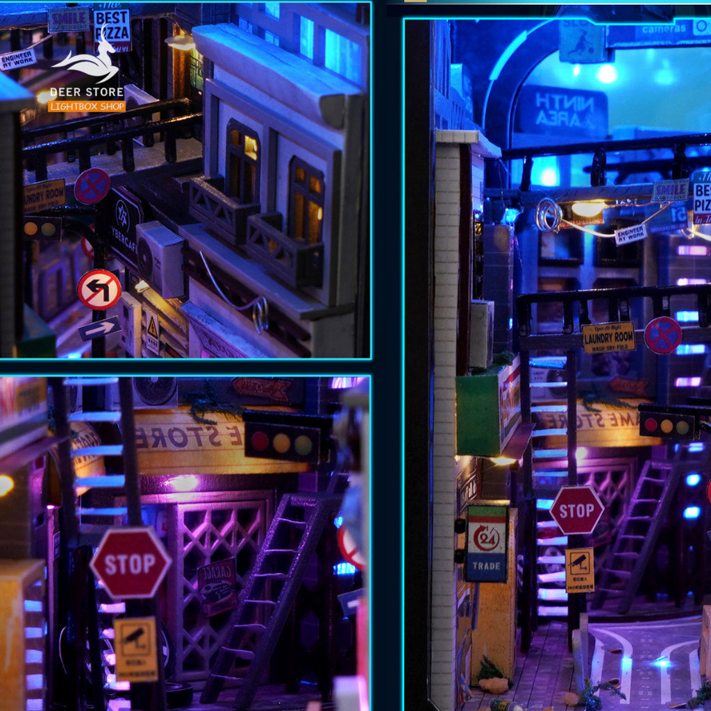 Mô hình Book nook trang trí giá sách chủ đề Thế giới CYBERPUNK. Mô hình gỗ 3d có đèn Led và Che bụi. Tặng keo dán TC36