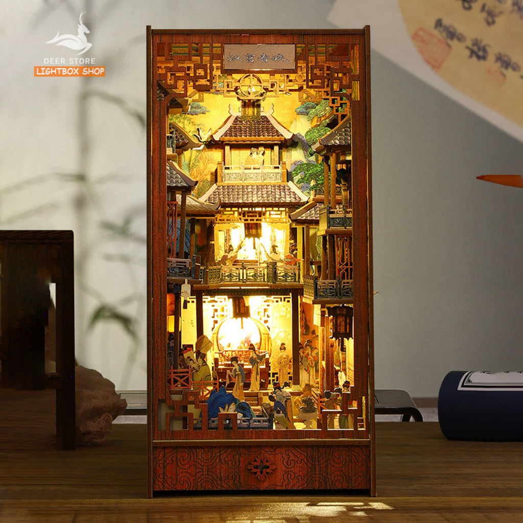 Mô hình trang trí Book Nook Hán Cung Xuân Hiểu DIY Tặng Dụng cụ và keo dán. Nhà búp bê gỗ 3d có Đèn led Nội thất JTSL008