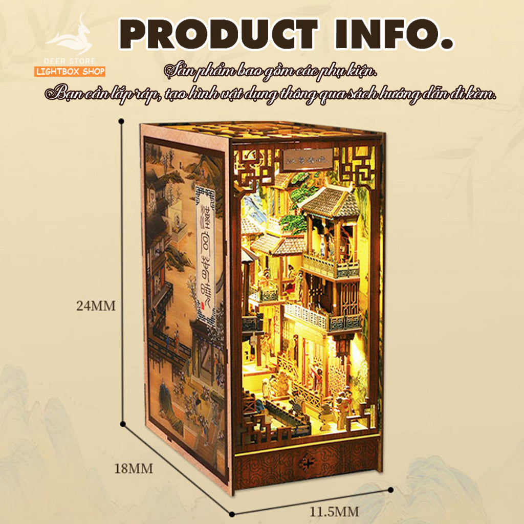 Mô hình trang trí Book Nook Hán Cung Xuân Hiểu DIY Tặng Dụng cụ và keo dán. Nhà búp bê gỗ 3d có Đèn led Nội thất JTSL008