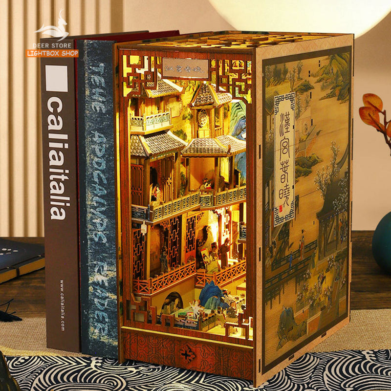 Mô hình trang trí Book Nook Hán Cung Xuân Hiểu DIY Tặng Dụng cụ và keo dán. Nhà búp bê gỗ 3d có Đèn led Nội thất JTSL008
