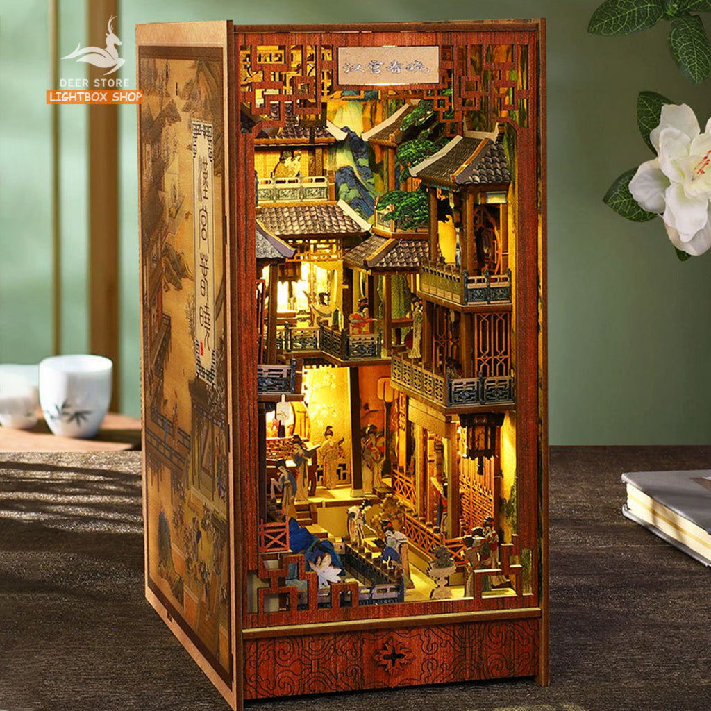 Mô hình trang trí Book Nook Hán Cung Xuân Hiểu DIY Tặng Dụng cụ và keo dán. Nhà búp bê gỗ 3d có Đèn led Nội thất JTSL008