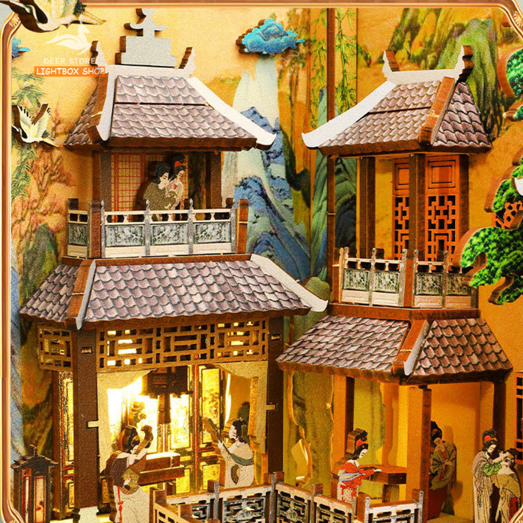 Mô hình trang trí Book Nook Hán Cung Xuân Hiểu DIY Tặng Dụng cụ và keo dán. Nhà búp bê gỗ 3d có Đèn led Nội thất JTSL008