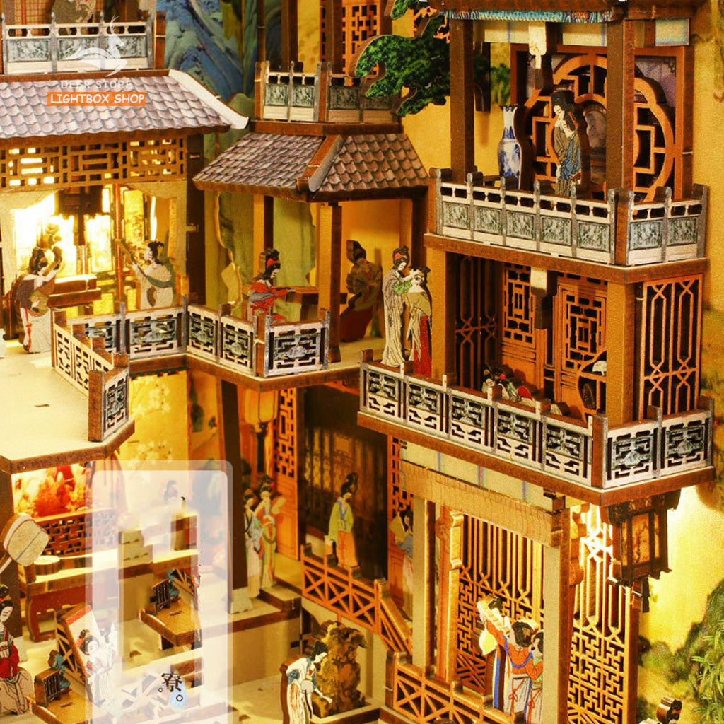Mô hình trang trí Book Nook Hán Cung Xuân Hiểu DIY Tặng Dụng cụ và keo dán. Nhà búp bê gỗ 3d có Đèn led Nội thất JTSL008