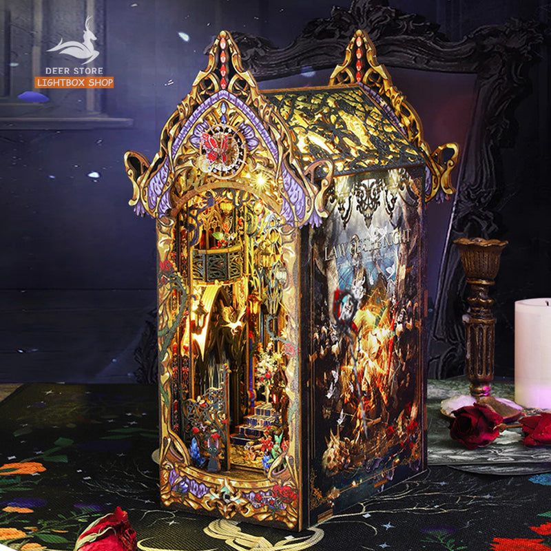 Mô hình Book Nook DIY Trang trí giá sách Law Of Night Phong cách Magic. Tặng Keo dán. Nhà búp bê gỗ tự làm JTSL010