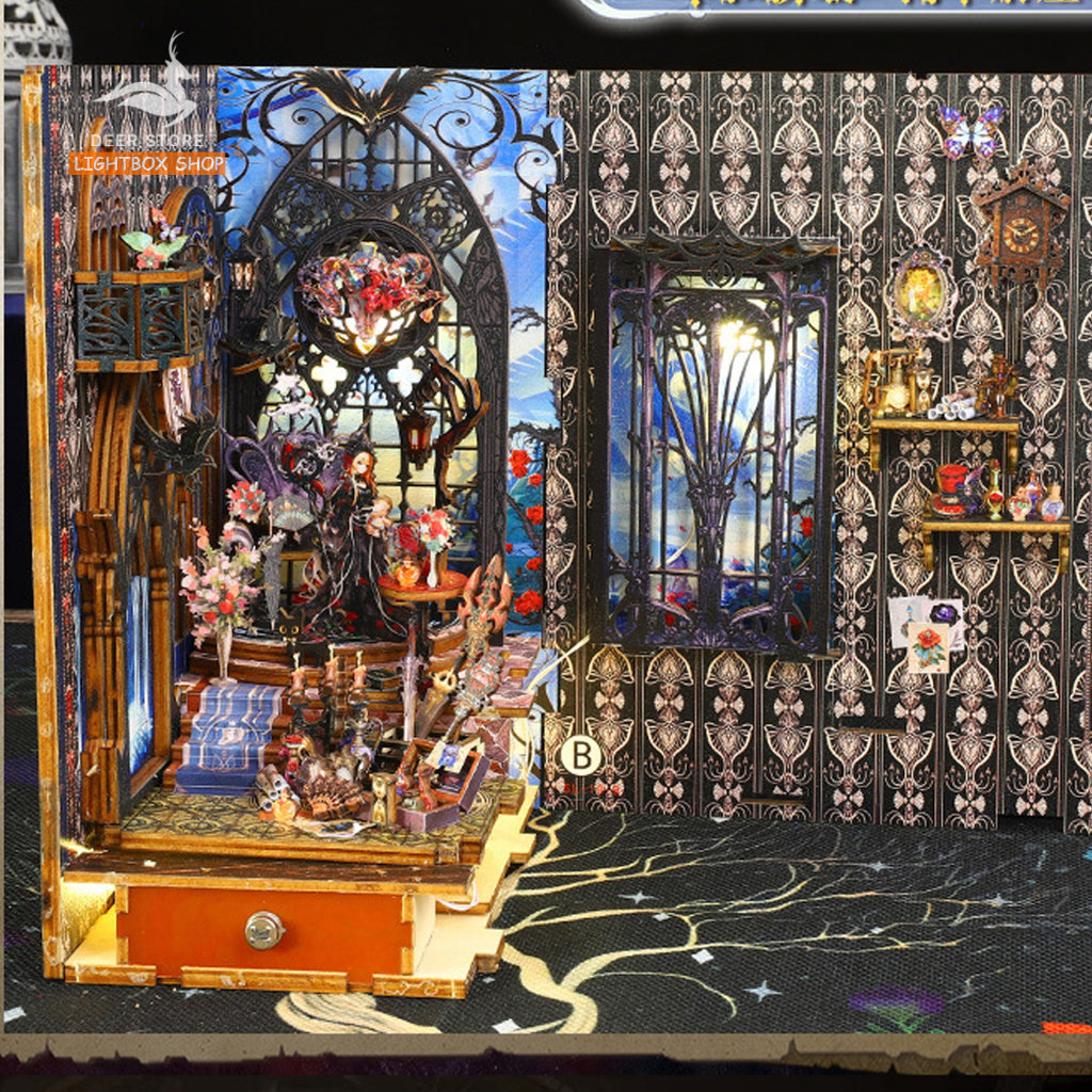 Mô hình Book Nook DIY Trang trí giá sách Law Of Night Phong cách Magic. Tặng Keo dán. Nhà búp bê gỗ tự làm JTSL010