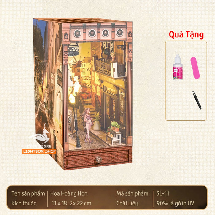 Mô hình Book Nook DIY Trang trí Giá sách bằng gỗ. Mô hình tự lắp ráp 3d có đèn Led. SL11. TẶNG KEO DÁN Quà tặng ý nghĩa