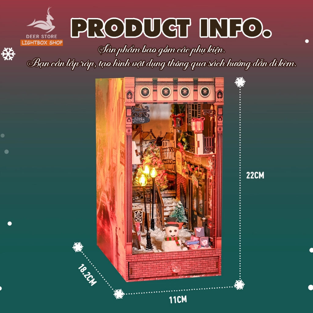 Mô hình Book Nook trang trí DIY Chủ đề Noel. Nhà búp bê bằng gỗ 3d có Đèn led và Nội thất trang trí SL12. Quà Noel Đẹp
