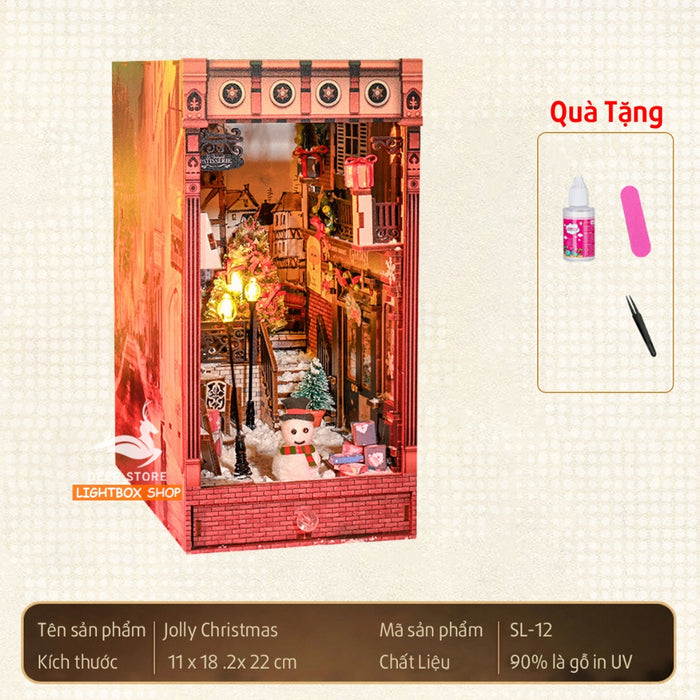 Mô hình Book Nook trang trí DIY Chủ đề Noel. Nhà búp bê bằng gỗ 3d có Đèn led và Nội thất trang trí SL12. Quà Noel Đẹp