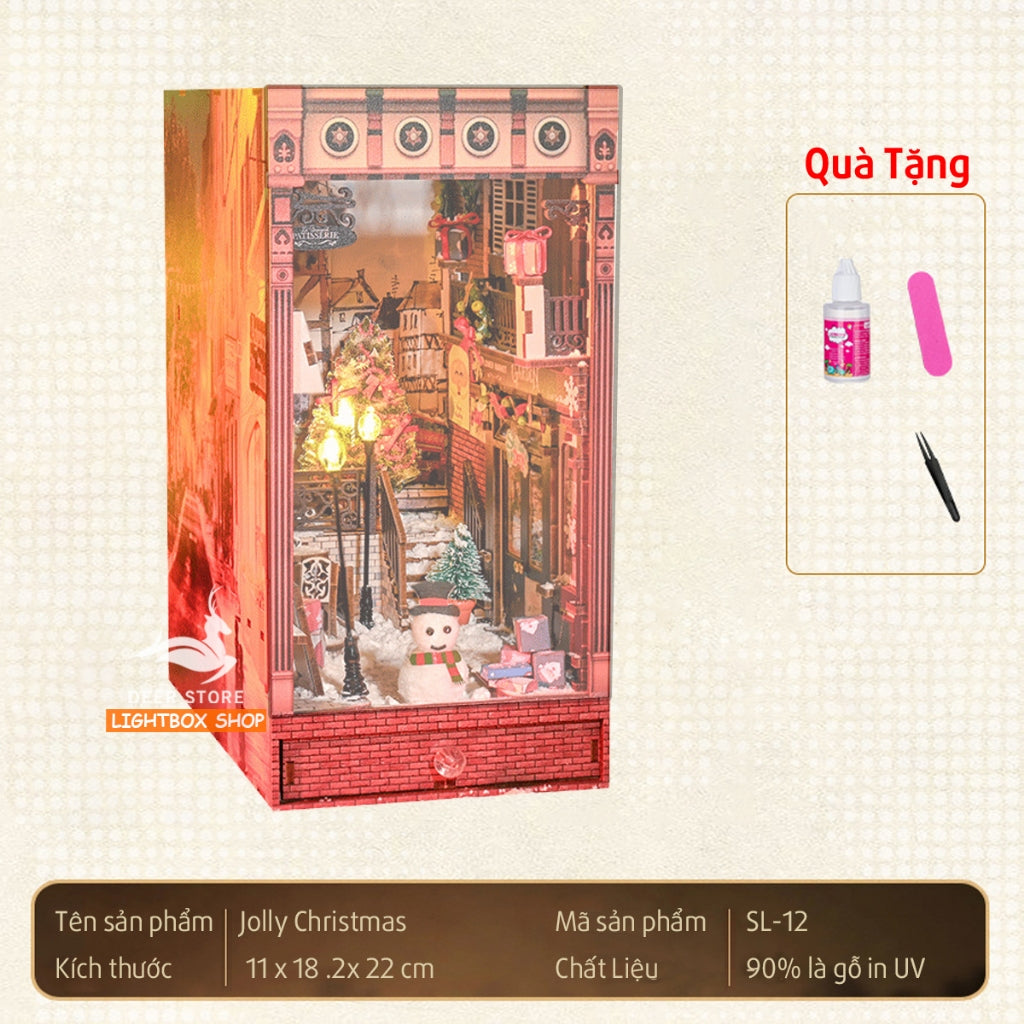 Mô hình Book Nook trang trí DIY Chủ đề Noel. Nhà búp bê bằng gỗ 3d có Đèn led và Nội thất trang trí SL12. Quà Noel Đẹp