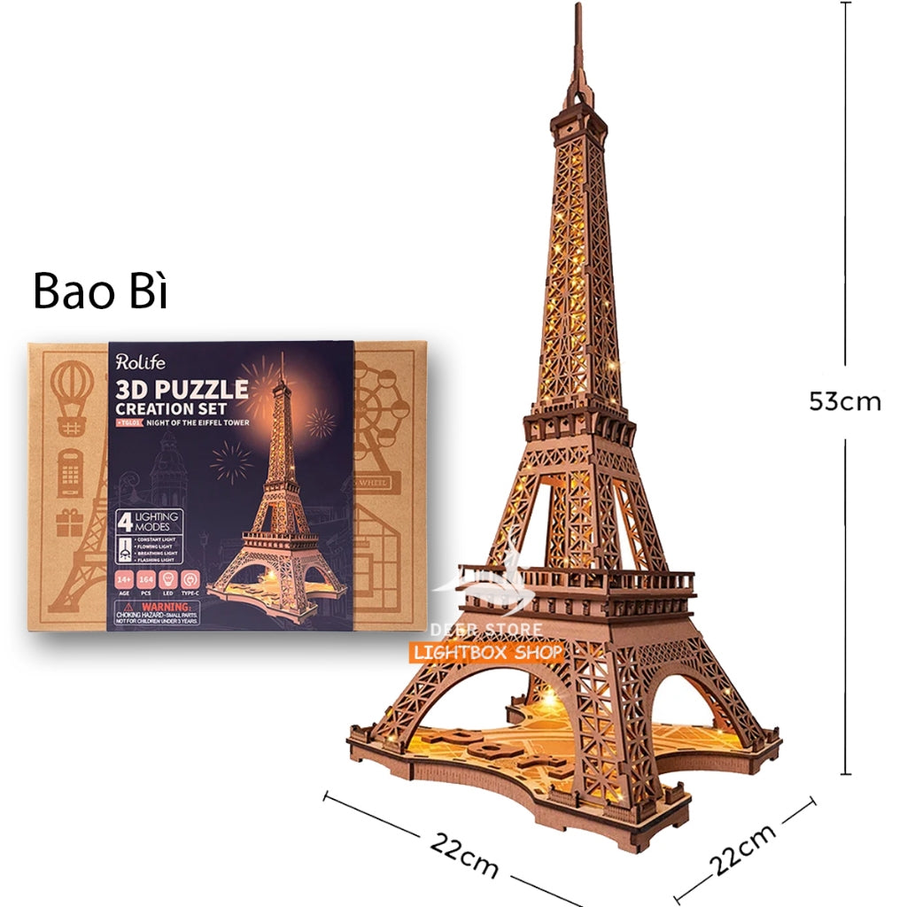 Mô hình Xếp Hình Robotime 3D Tự Lắp Ráp Bằng Gỗ. Tháp Eiffel Về Đêm. Rolife Night of the Eiffel Tower TGL01. Có đèn led.