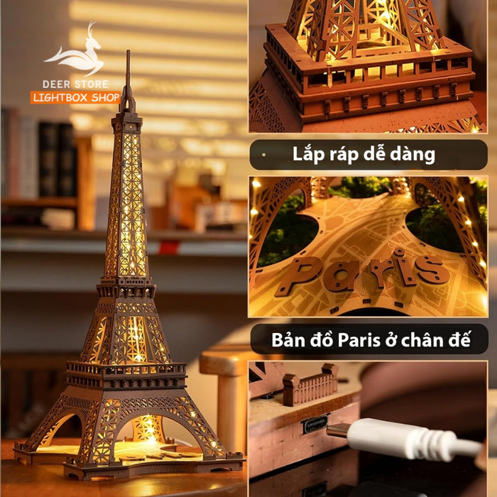 Mô hình Xếp Hình Robotime 3D Tự Lắp Ráp Bằng Gỗ. Tháp Eiffel Về Đêm. Rolife Night of the Eiffel Tower TGL01. Có đèn led.