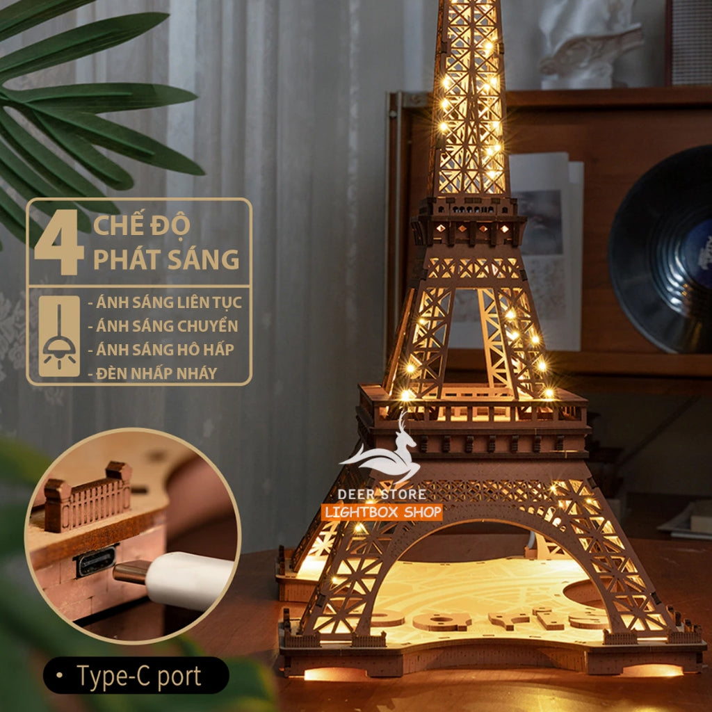 Mô hình Xếp Hình Robotime 3D Tự Lắp Ráp Bằng Gỗ. Tháp Eiffel Về Đêm. Rolife Night of the Eiffel Tower TGL01. Có đèn led.