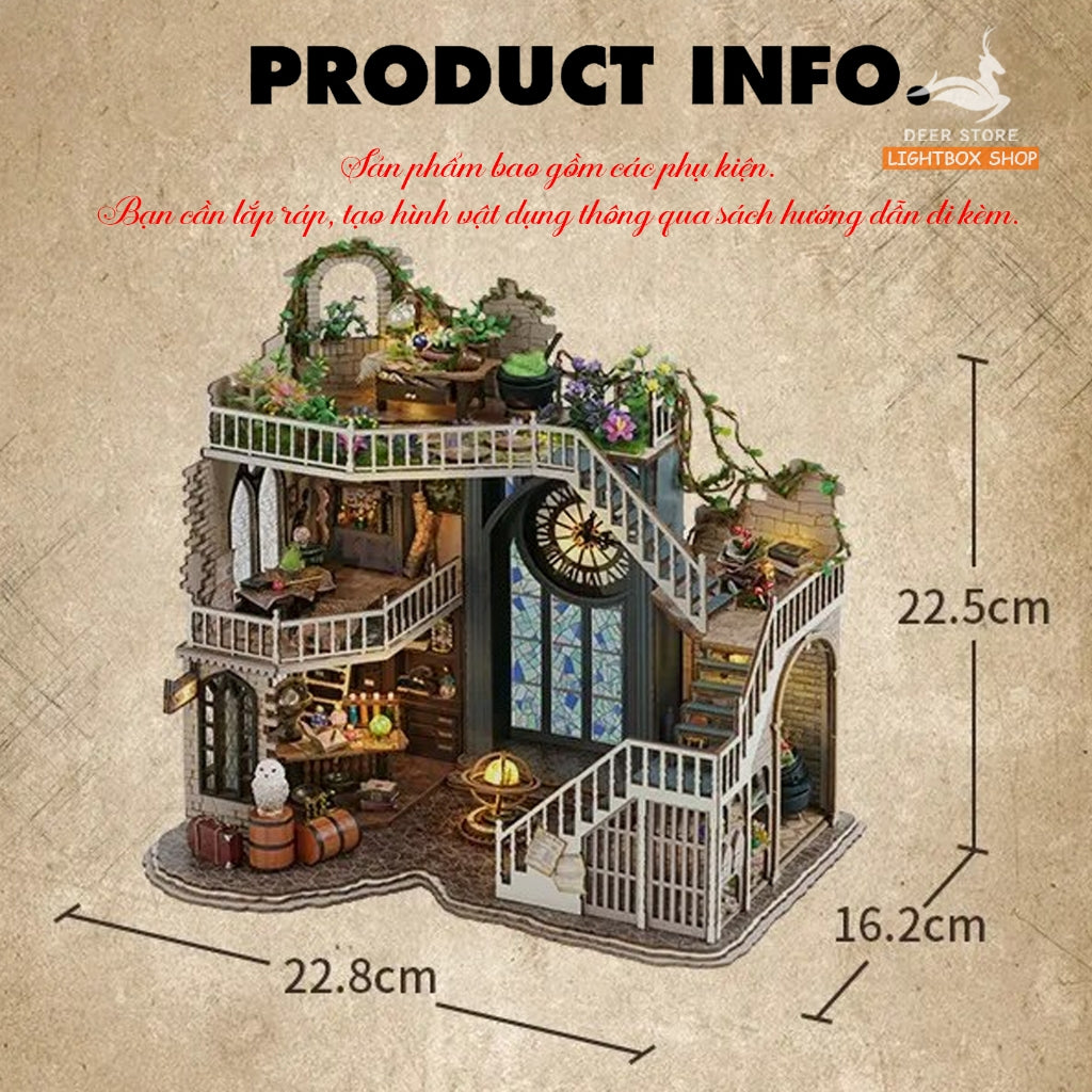Nhà Búp Bê Học Viện Phép Thuật bằng gỗ DIY. Tặng Nhíp và Keo dán. Mô hình gỗ 3d có đèn led và nội thất Magic House LV003