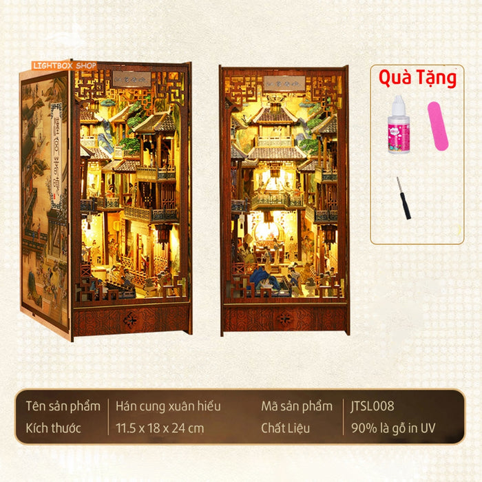 Mô hình trang trí Book Nook Hán Cung Xuân Hiểu DIY Tặng Dụng cụ và keo dán. Nhà búp bê gỗ 3d có Đèn led Nội thất JTSL008