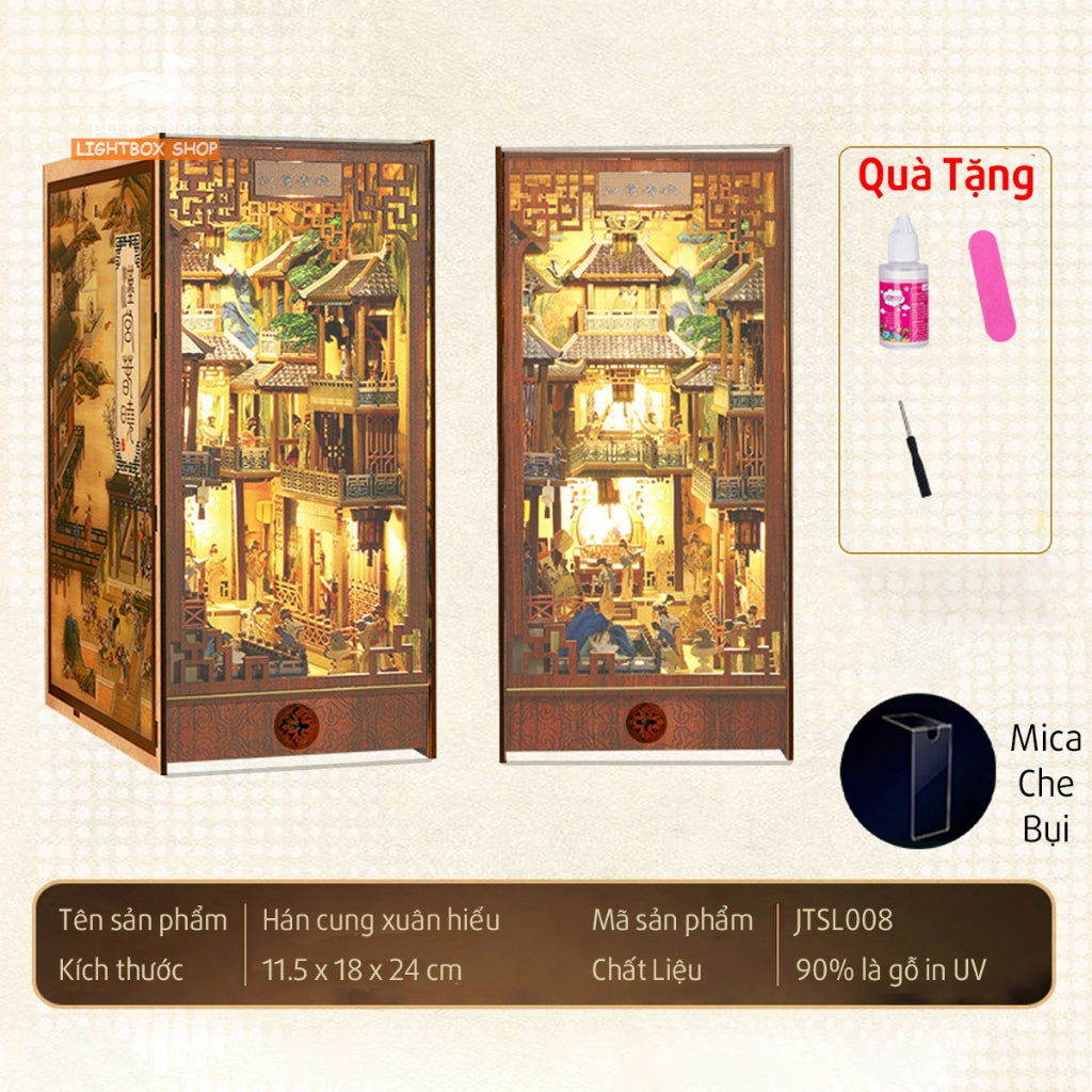Mô hình trang trí Book Nook Hán Cung Xuân Hiểu DIY Tặng Dụng cụ và keo dán. Nhà búp bê gỗ 3d có Đèn led Nội thất JTSL008