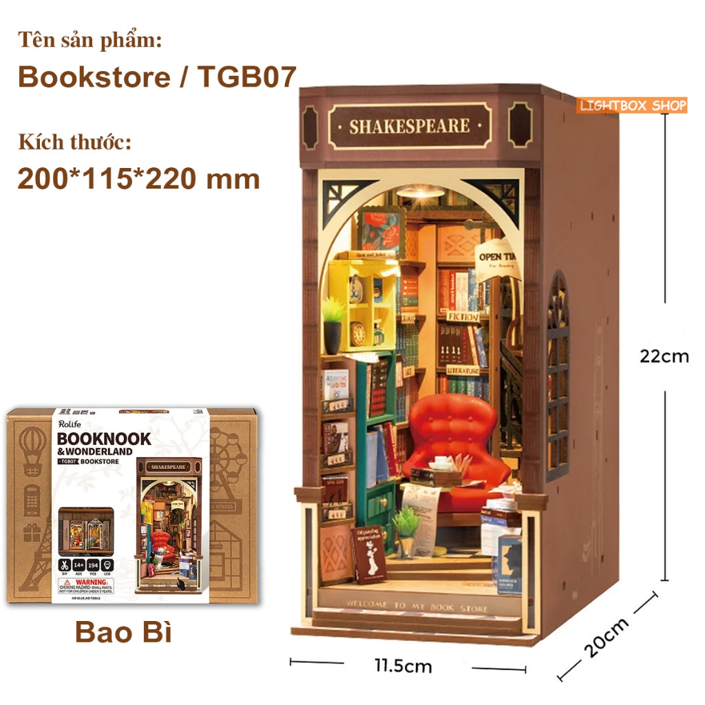 Book Nook Robotime Rolife Bookstore TGB07 DIY Mô hình bằng gỗ Có đèn Led Hiệu sách của Shakespeare Đồ chơi tự lắp ráp