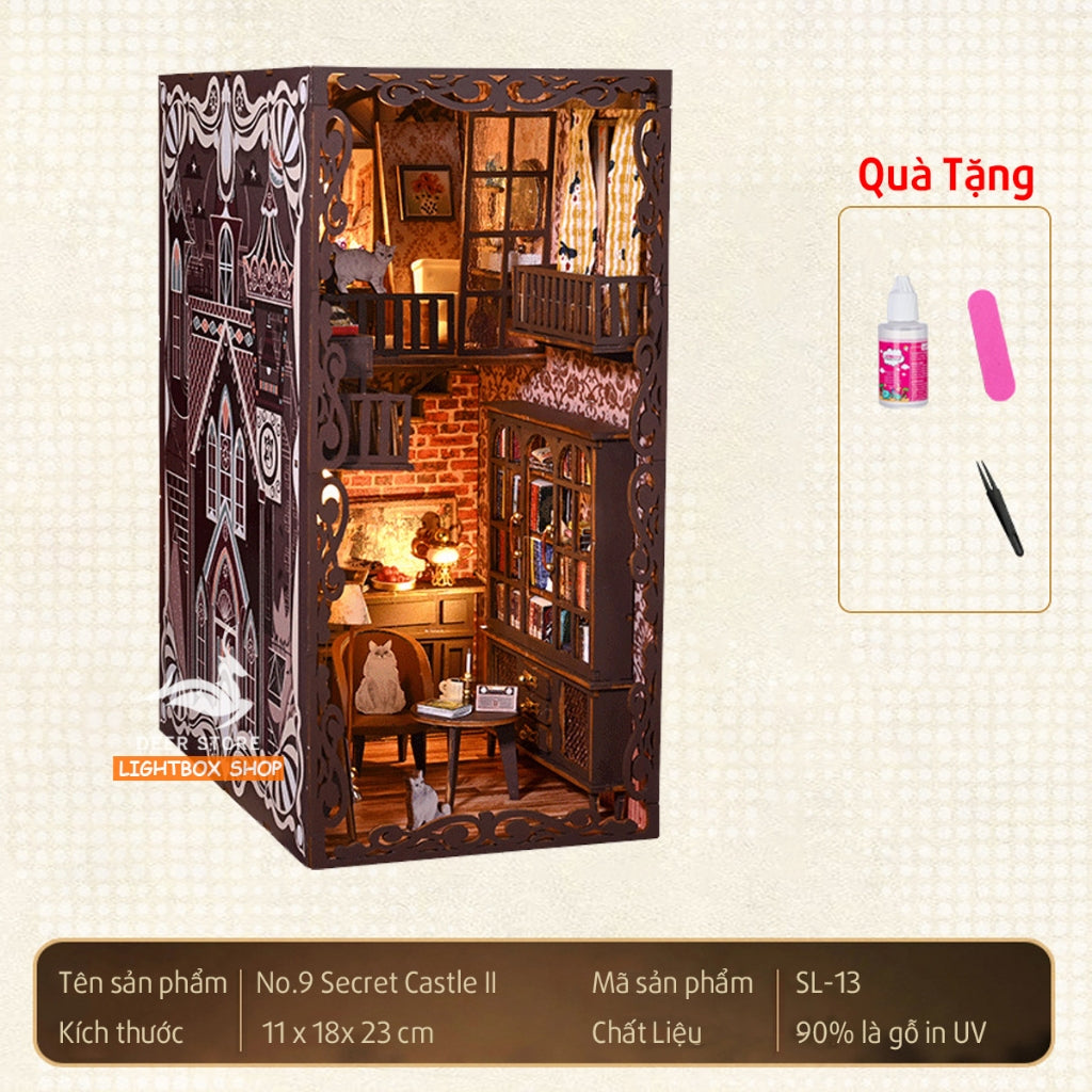 Book nook Trang trí Giá Sách. Phong cách Vintage. SL-13. Tặng Keo dán. Mô hình Nhà búp bê bằng gỗ 3d có Đèn led
