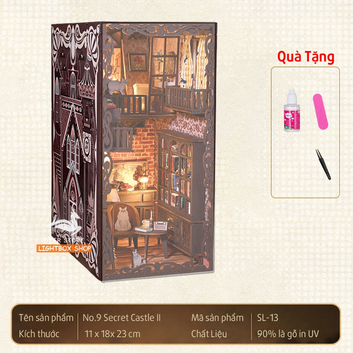 Book nook Trang trí Giá Sách. Phong cách Vintage. SL-13. Tặng Keo dán. Mô hình Nhà búp bê bằng gỗ 3d có Đèn led