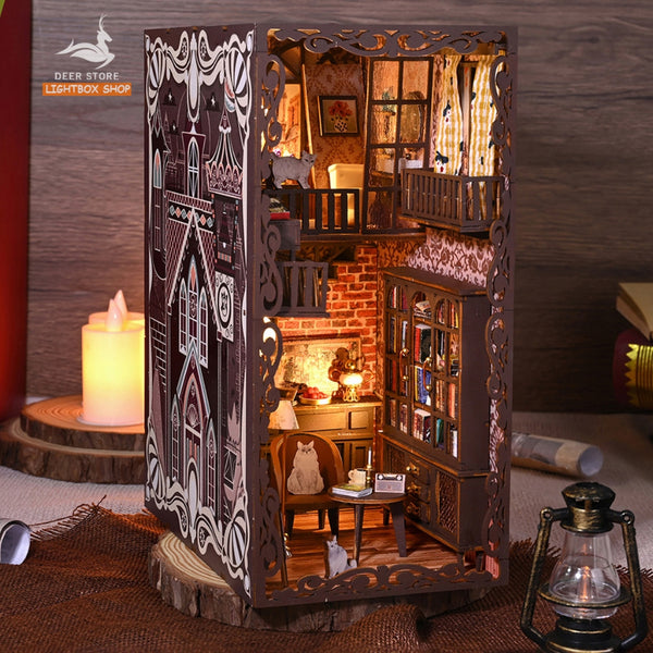 Book nook Trang trí Giá Sách. Phong cách Vintage. SL-13. Tặng Keo dán. Mô hình Nhà búp bê bằng gỗ 3d có Đèn led