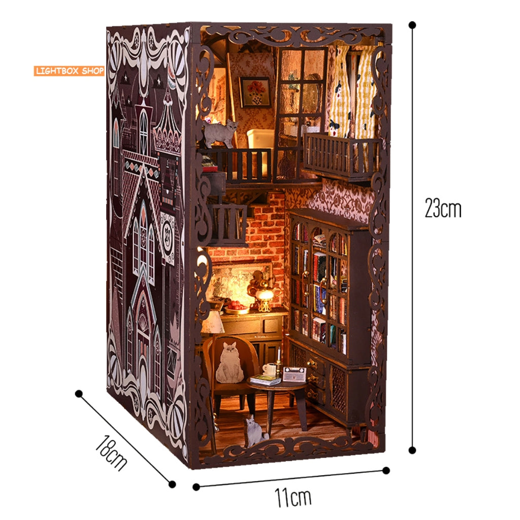 Book nook Trang trí Giá Sách. Phong cách Vintage. SL-13. Tặng Keo dán. Mô hình Nhà búp bê bằng gỗ 3d có Đèn led