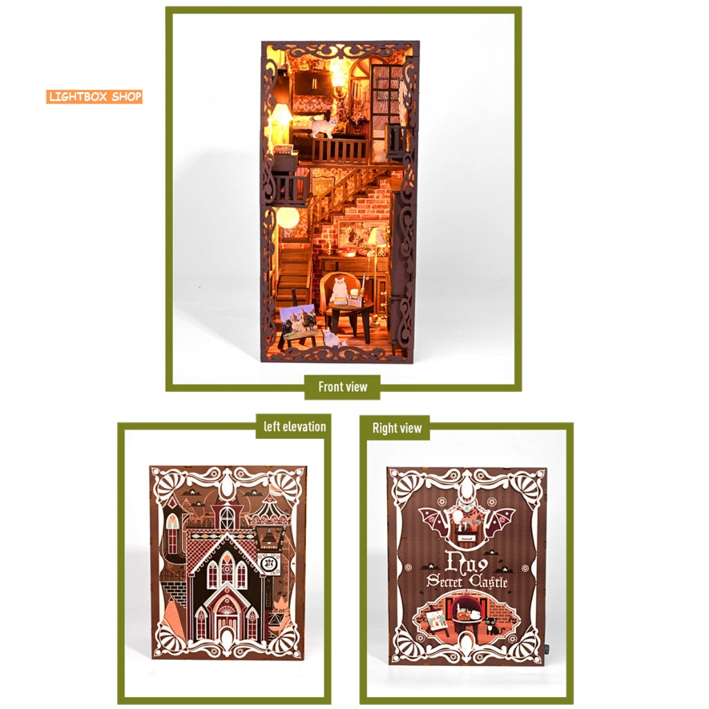 Book nook Trang trí Giá Sách. Phong cách Vintage. SL-13. Tặng Keo dán. Mô hình Nhà búp bê bằng gỗ 3d có Đèn led