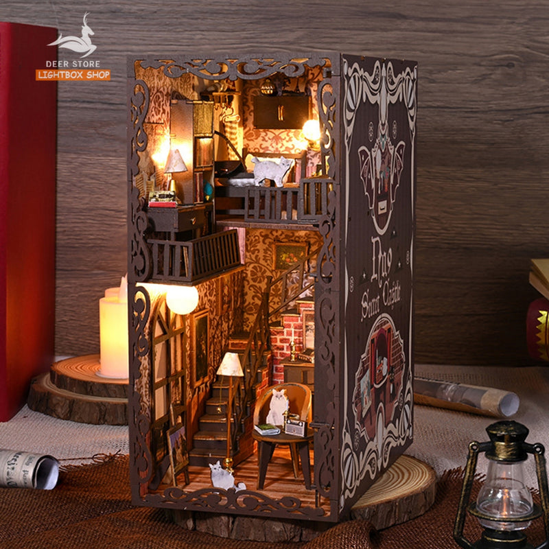 Book nook Trang trí Giá Sách. Phong cách Vintage. SL-13. Tặng Keo dán. Mô hình Nhà búp bê bằng gỗ 3d có Đèn led