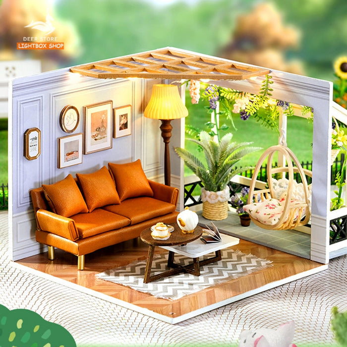 Nhà búp bê Mini DIY tự làm bằng gỗ. Tặng KEO DÁN. Mô hình gỗ 3d H-021 Bộ sưu tập My Little Scene Series