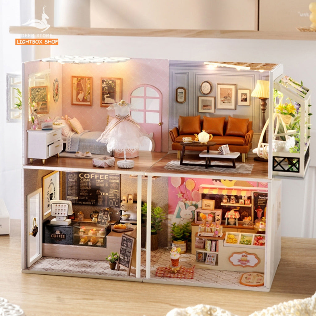 Nhà búp bê Mini DIY tự làm bằng gỗ. Tặng KEO DÁN. Mô hình gỗ 3d H-021 Bộ sưu tập My Little Scene Series