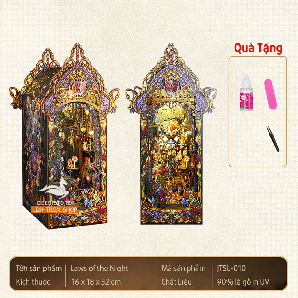 Mô hình Book Nook DIY Trang trí giá sách Law Of Night Phong cách Magic. Tặng Keo dán. Nhà búp bê gỗ tự làm JTSL010