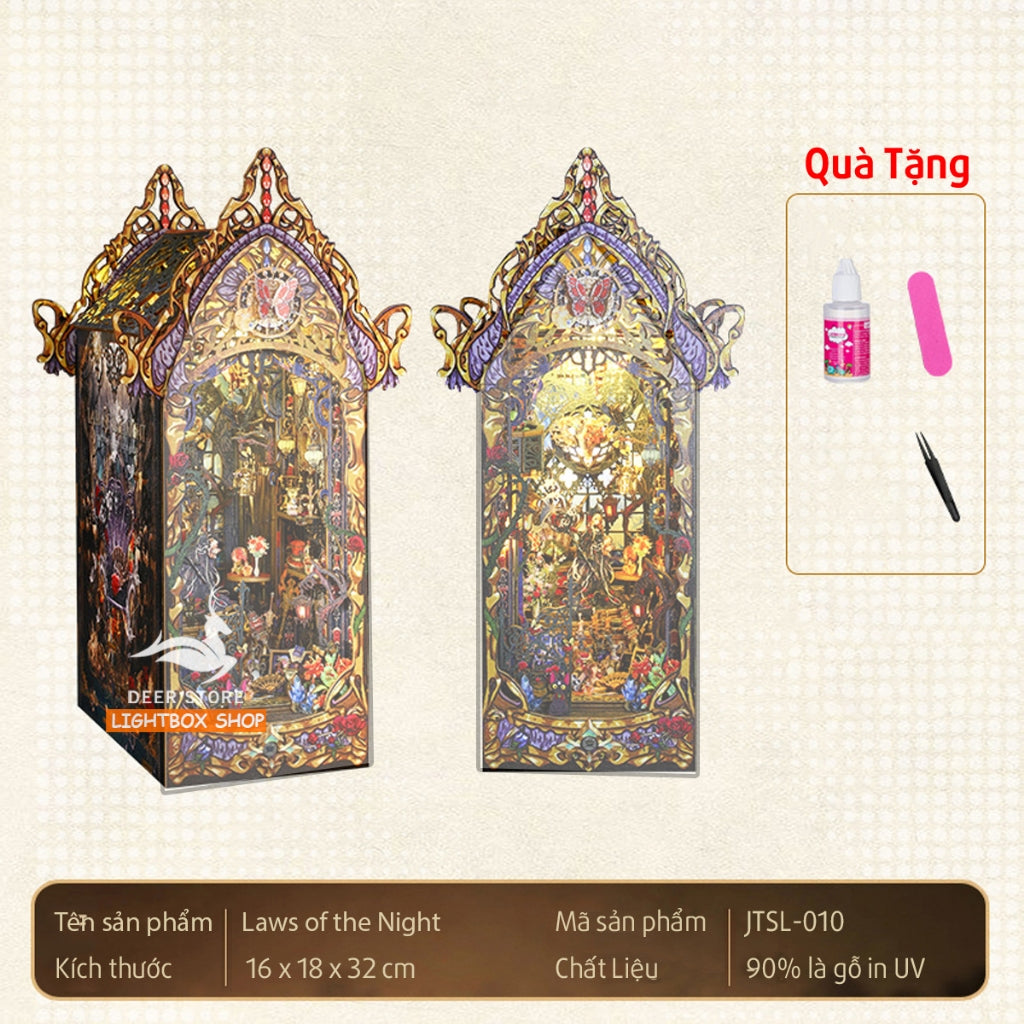 Mô hình Book Nook DIY Trang trí giá sách Law Of Night Phong cách Magic. Tặng Keo dán. Nhà búp bê gỗ tự làm JTSL010
