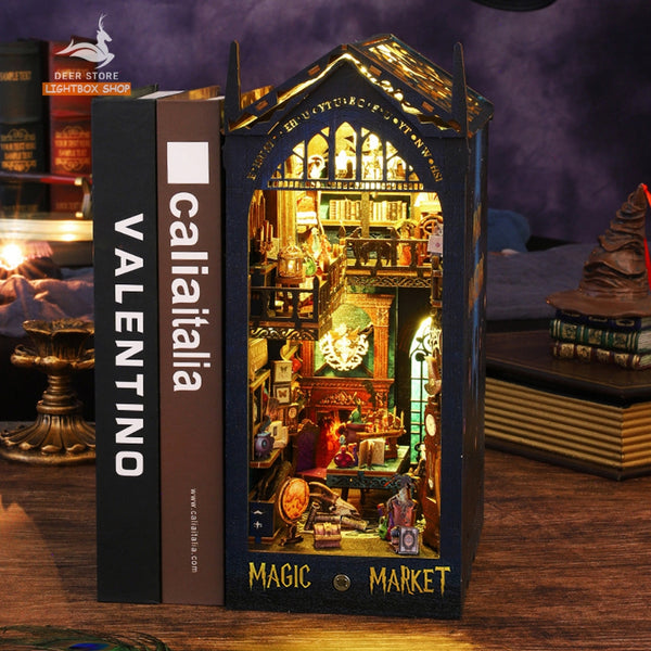 Mô hình Book nook Trang trí giá sách Magic Market. Phong cách Phép Thuật JTSL09. Mô hình nhà búp bê có đèn Tặng KEO DÁN