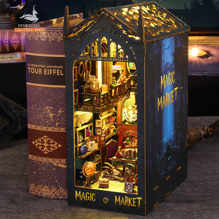 Mô hình Book nook Trang trí giá sách Magic Market. Phong cách Phép Thuật JTSL09. Mô hình nhà búp bê có đèn Tặng KEO DÁN