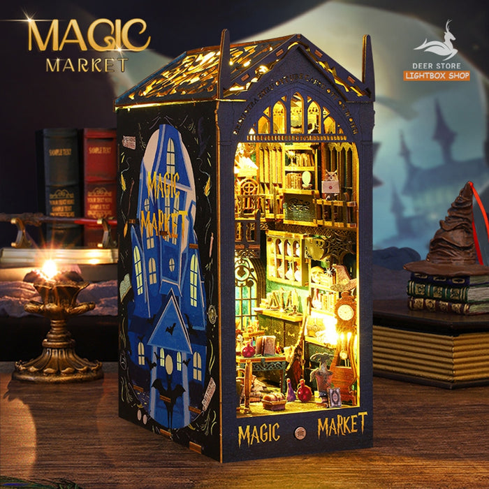 Mô hình Book nook Trang trí giá sách Magic Market. Phong cách Phép Thuật JTSL09. Mô hình nhà búp bê có đèn Tặng KEO DÁN