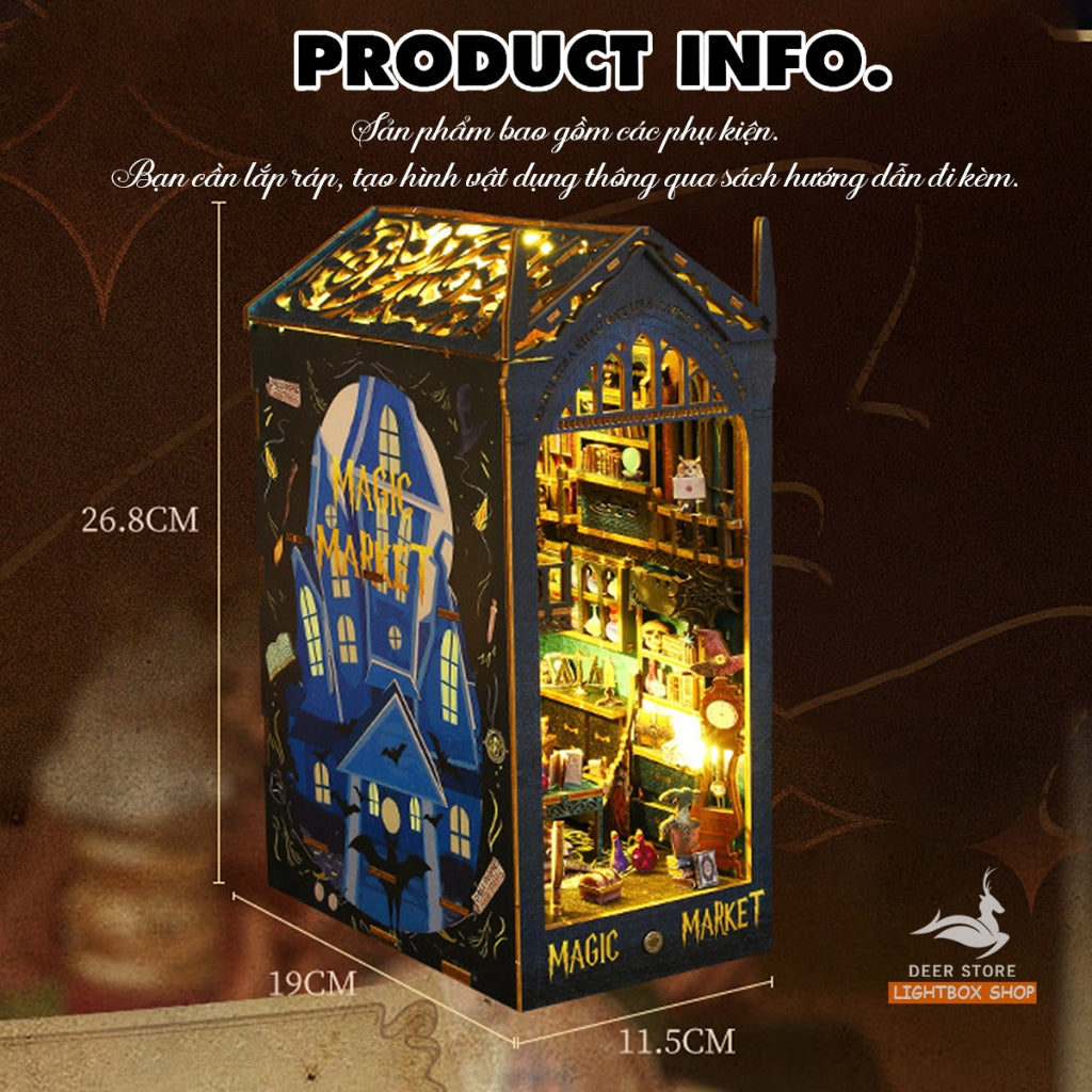 Mô hình Book nook Trang trí giá sách Magic Market. Phong cách Phép Thuật JTSL09. Mô hình nhà búp bê có đèn Tặng KEO DÁN