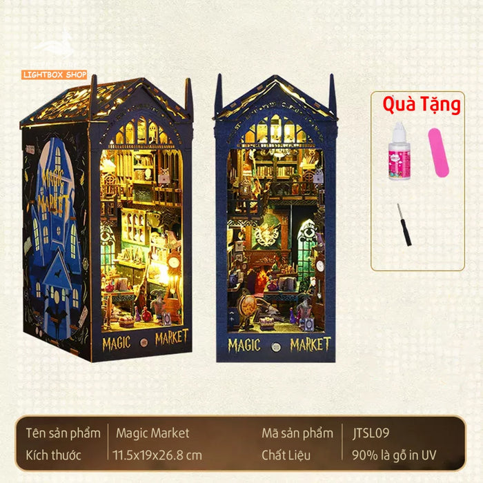 Mô hình Book nook Trang trí giá sách Magic Market. Phong cách Phép Thuật JTSL09. Mô hình nhà búp bê có đèn Tặng KEO DÁN