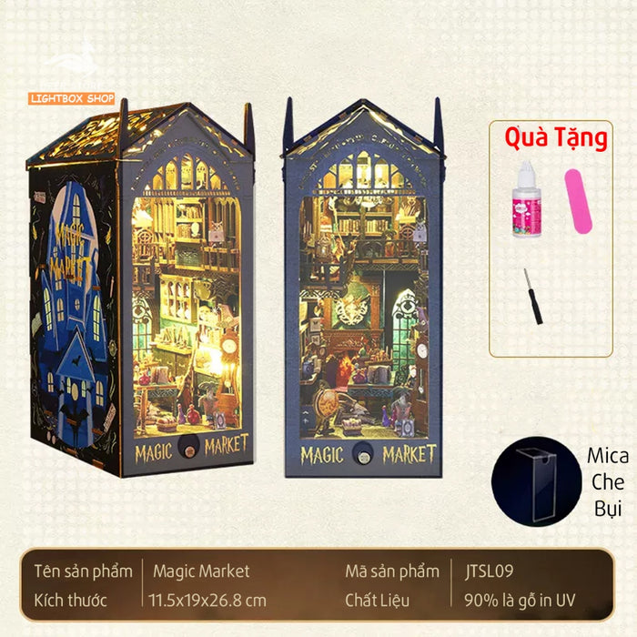 Mô hình Book nook Trang trí giá sách Magic Market. Phong cách Phép Thuật JTSL09. Mô hình nhà búp bê có đèn Tặng KEO DÁN