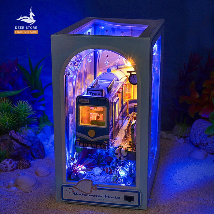 Book Nook Tự Làm Trang Trí giá sách Chủ đề Underwater World. Mô hình bằng gỗ 3d Tặng Keo Dán, Đèn led và Che Bụi TC39.